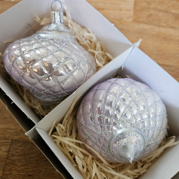 Vintage Set Pair 2 Ornaments Hand Blown Germany Light Pale Pink Silver Handmade - Picture 1 of 8